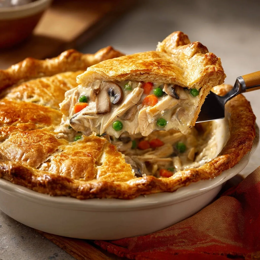 Classic chicken pot pie with a slice being lifted to show the creamy filling with chicken, mushrooms, carrots, and peas.