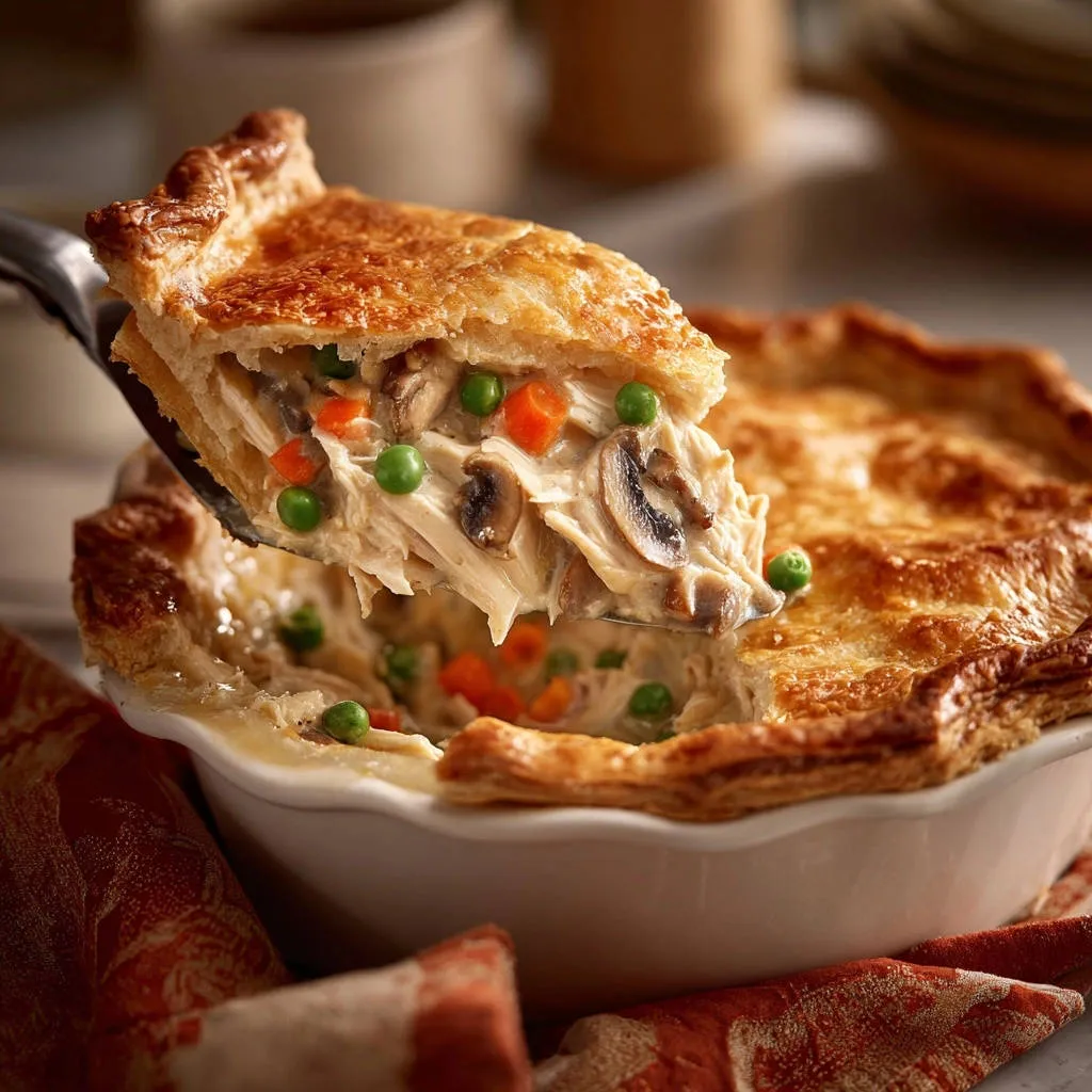 Classic chicken pot pie with a golden crust, showing a generous slice lifted from the dish, revealing chicken and vegetables.