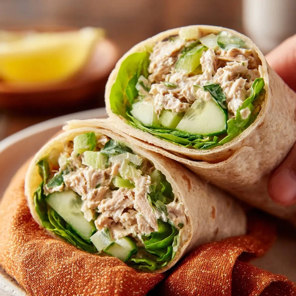 Ultimate Chicken Salad Wrap, showing a close-up cross-section with fresh lettuce and cucumber.