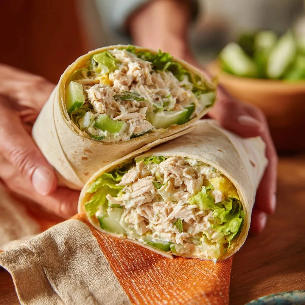 Ultimate Chicken Salad Wrap shown in a cross-section revealing tender chicken, crisp lettuce, and cucumber.