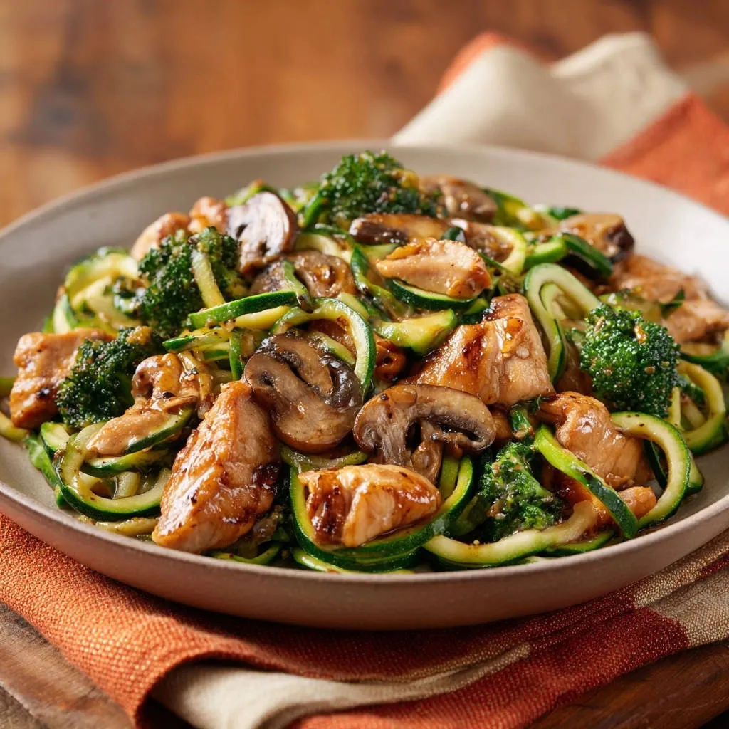 Chicken and veggie zoodle stir-fry served in a bowl, featuring zucchini noodles, broccoli florets, and mushrooms in a glaze.