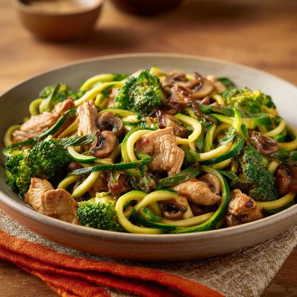 Chicken and veggie zoodle stir-fry served in a close-up bowl showing zucchini noodles, broccoli, and mushrooms.