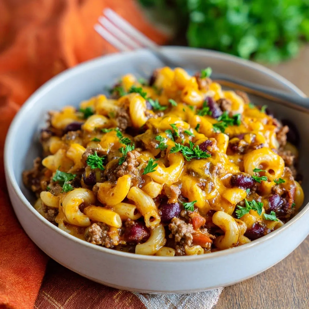 Chili mac perfection in a bowl, generously topped with melted cheese and fresh parsley garnish.