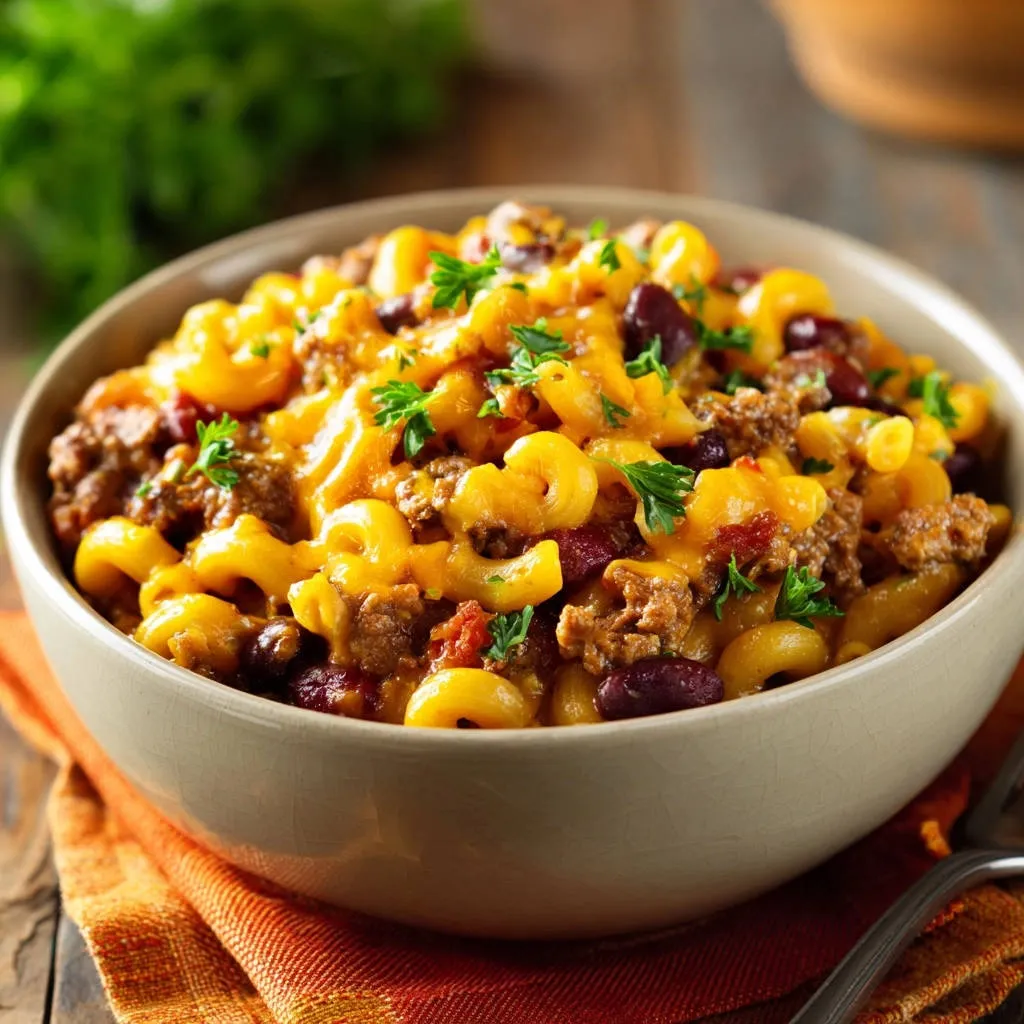 Chili mac perfection served in a close-up view of a cheesy bowl, showing pasta, ground beef, and kidney beans with parsley garnish.