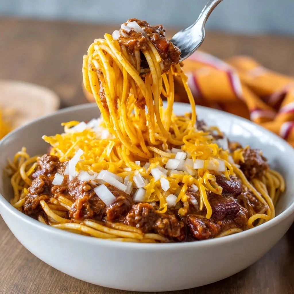 Chili Spaghetti Supreme with a forkful being lifted, showcasing cheese and onions.