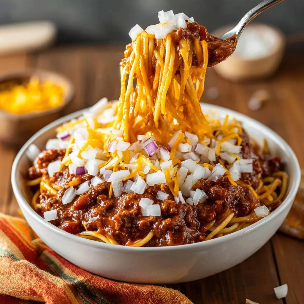 Chili Spaghetti Supreme with a forkful lifting spaghetti topped with cheese and onions.