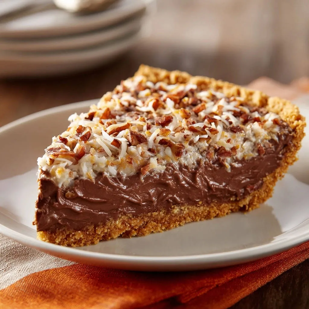 Chocolate Coconut Dream Pie slice showing the rich chocolate filling and toasted coconut topping.