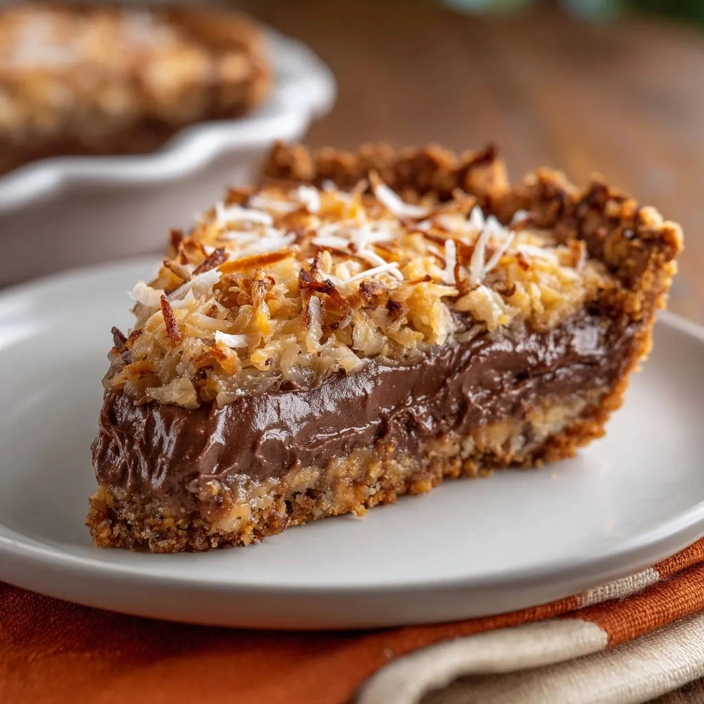 Chocolate Coconut Dream Pie, a slice showing its rich chocolate filling and toasted coconut topping on a white plate.