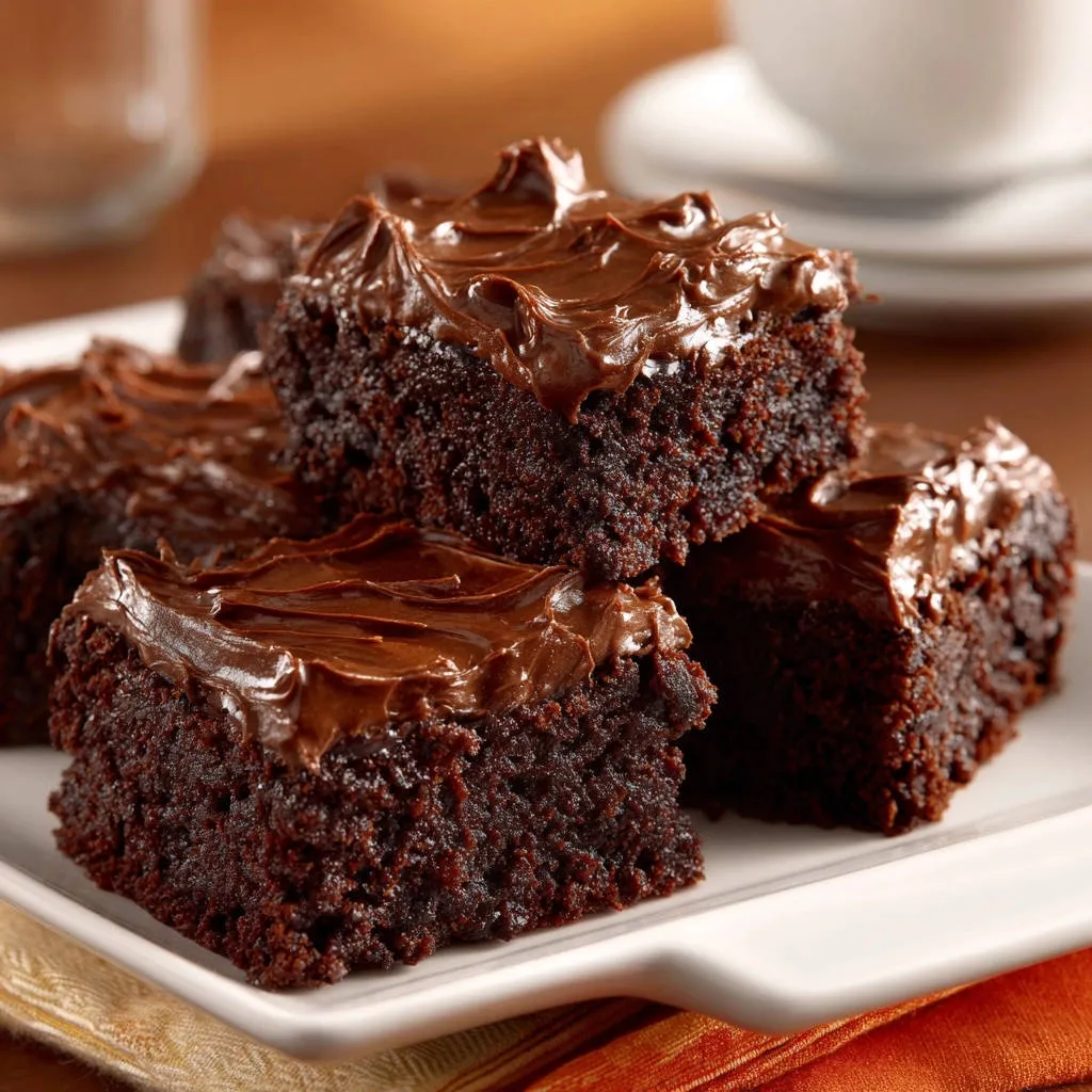 Decadent chocolate fudge cake slices topped with rich chocolate frosting arranged on a white plate.