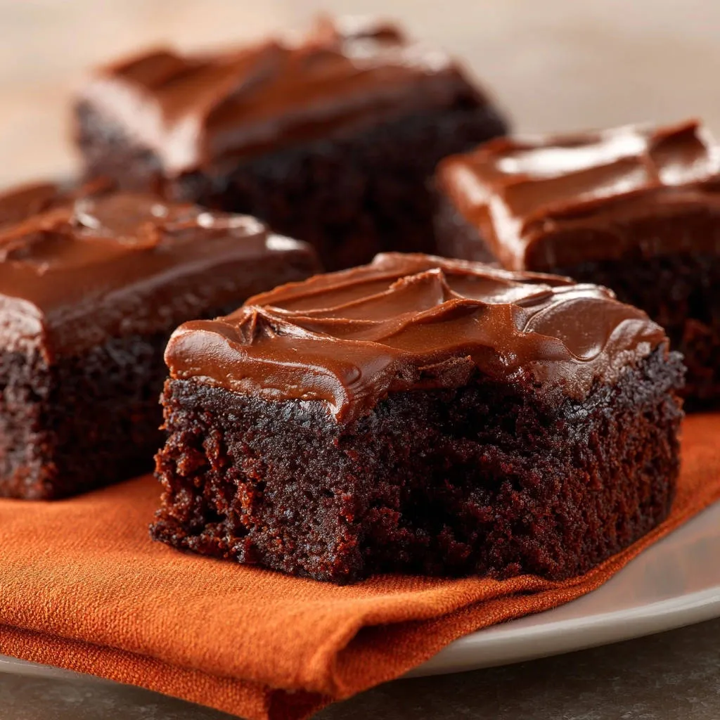 Decadent chocolate fudge squares with rich chocolate frosting, shown in a close-up of frosted individual pieces.