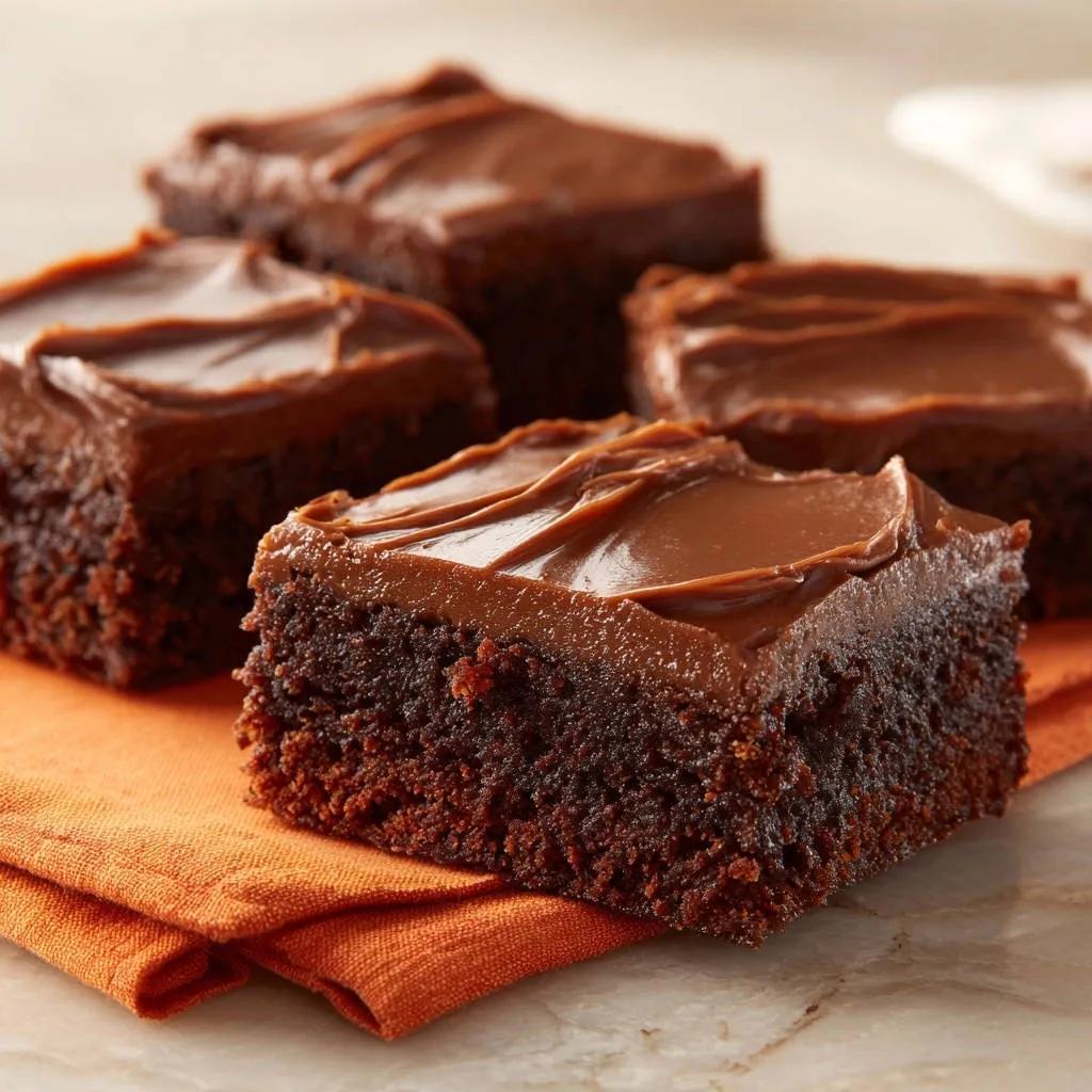 Decadent chocolate fudge squares with rich frosting, artfully arranged on an orange napkin.