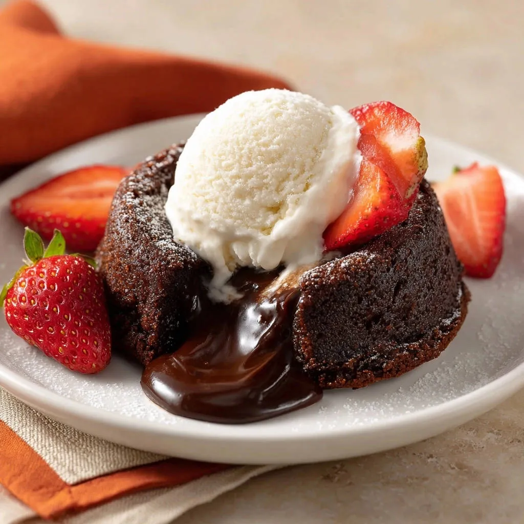 Decadent chocolate lava cake with molten interior, topped with ice cream and served with strawberries on a white plate.