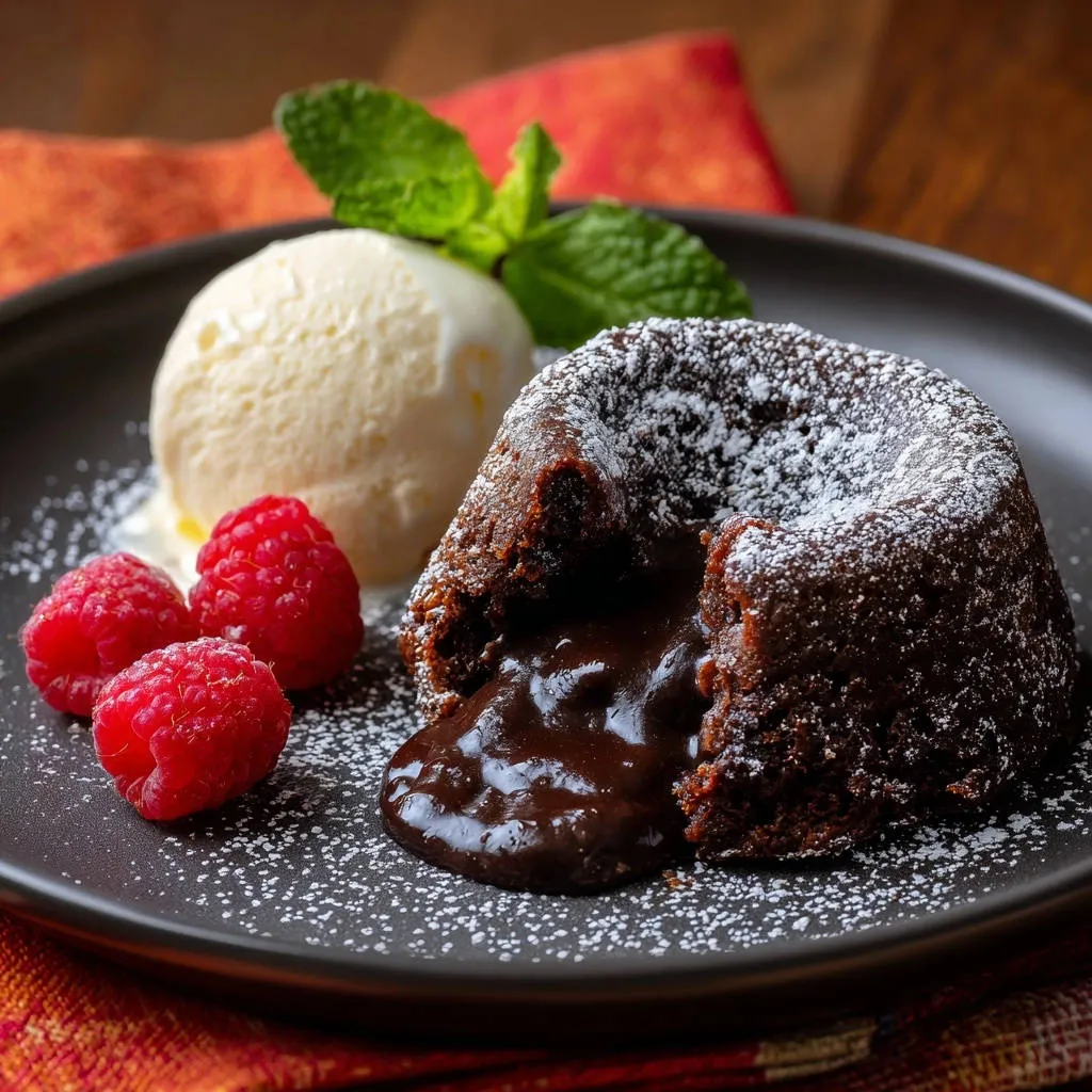 Decadent chocolate lava cakes with a gooey interior cross-section, served with ice cream and raspberries.