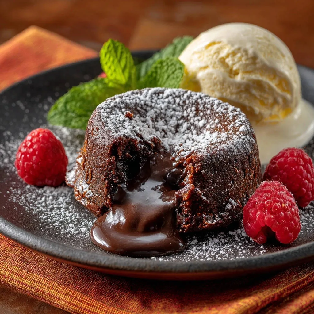 Decadent chocolate lava cakes with a gooey interior revealed in a cross-section, served with ice cream and raspberries.
