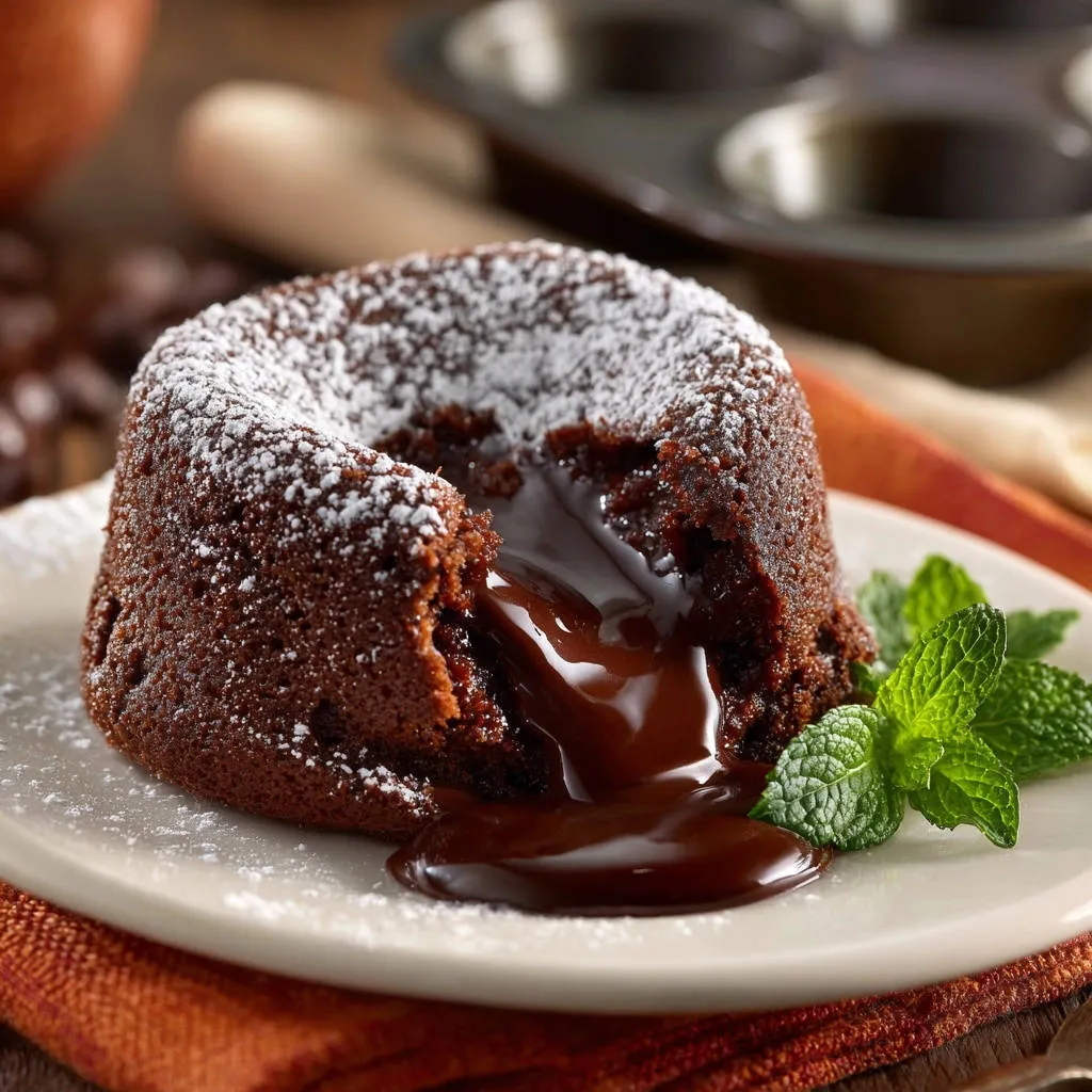 Decadent chocolate lava cakes ooey-gooey cross-section with molten center and powdered sugar dusting.
