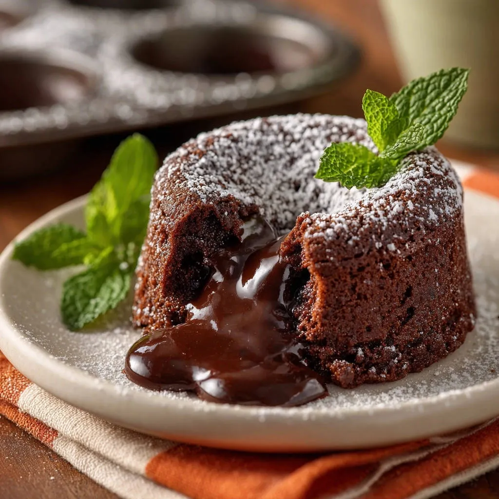 Decadent chocolate lava cakes with oozing fondant interior, dusted with powdered sugar and garnished with mint.
