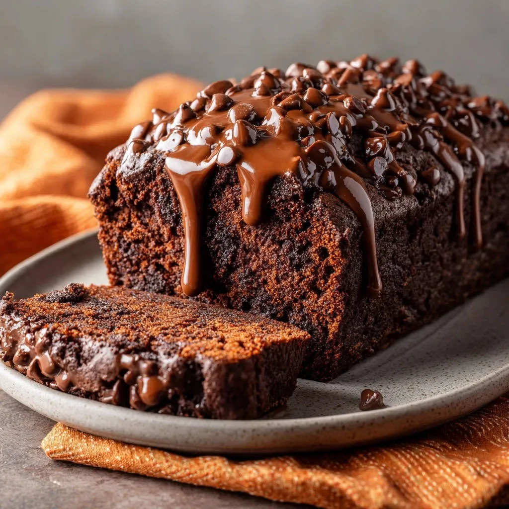 Ultimate Chocolate Loaf Cake drizzled with chocolate glaze and topped with chocolate chips, with a slice cut to show texture.