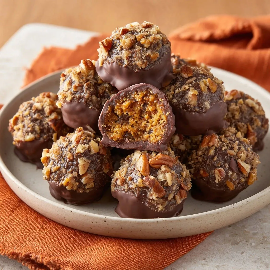 Chocolate orange crunch truffles shown in a close-up cross-section, revealing the chewy interior and pecan topping.