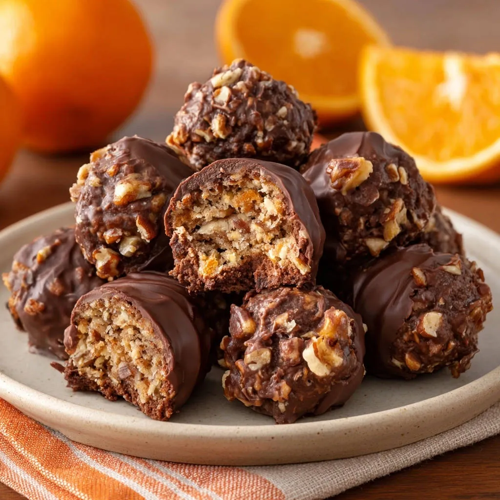 Chocolate orange crunch truffles, with a close-up cross-section revealing the chewy interior and nutty topping.