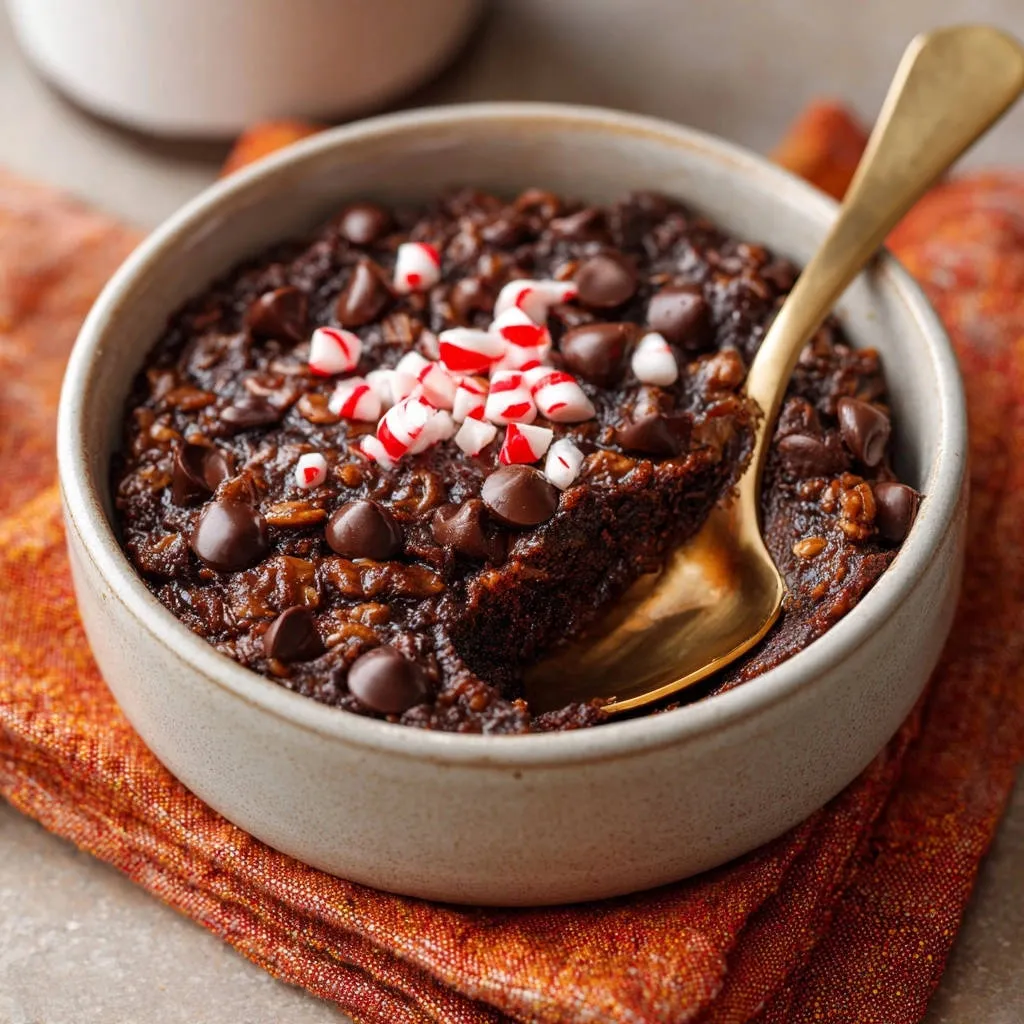 Chocolate peppermint baked oats with a spoonful removed, showing the moist texture and chocolate chips.