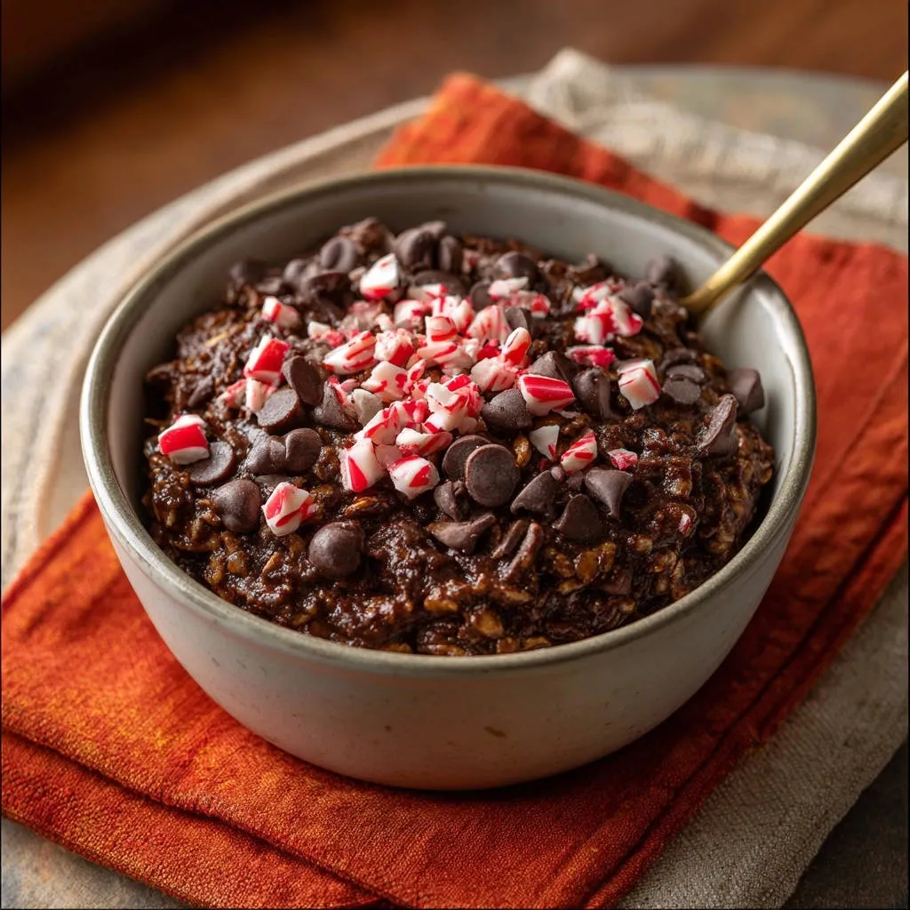 Chocolate peppermint baked oats topped with chocolate chips and crushed candy canes.