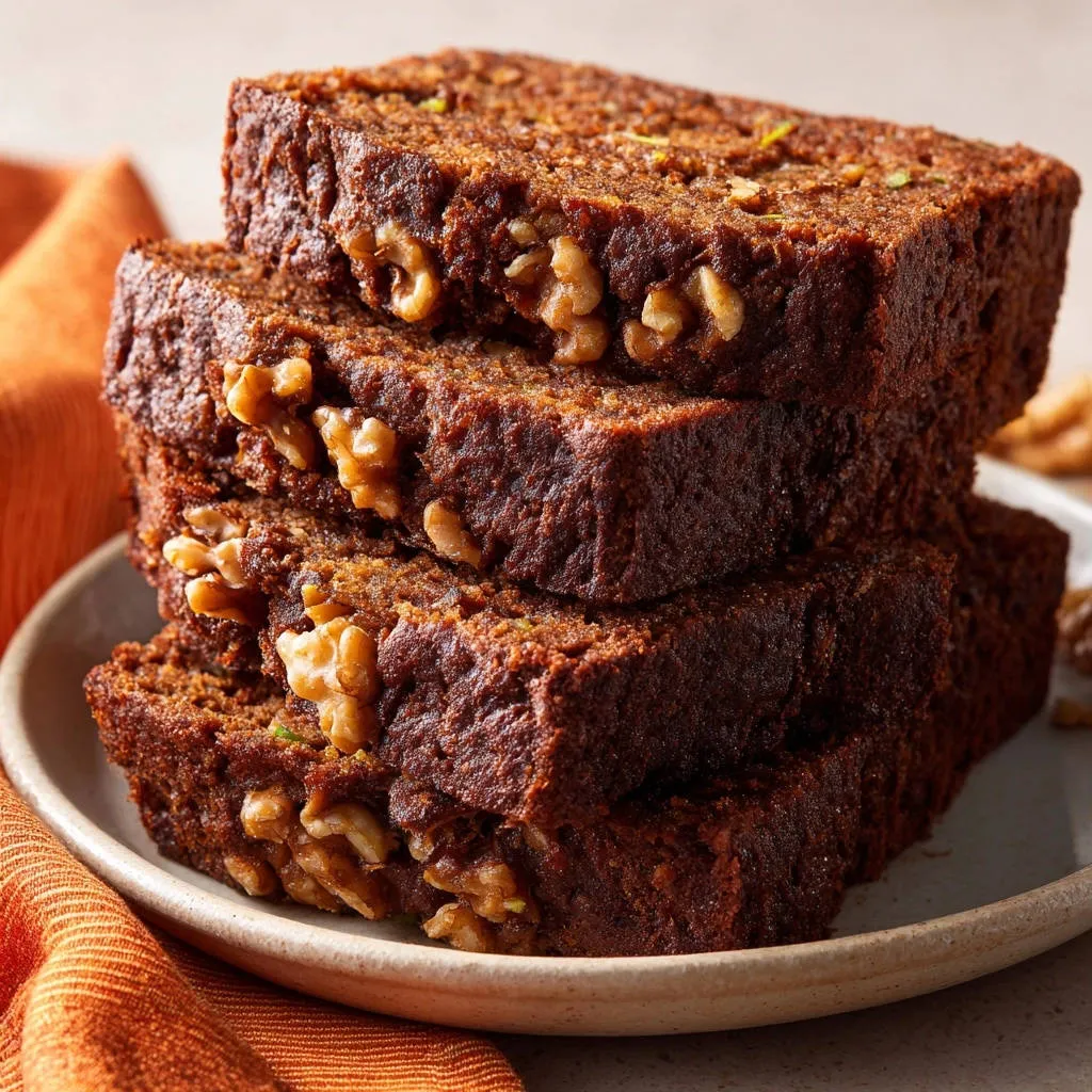 Decadent Chocolate Walnut Loaf sliced and stacked, showcasing a moist interior with visible walnuts.