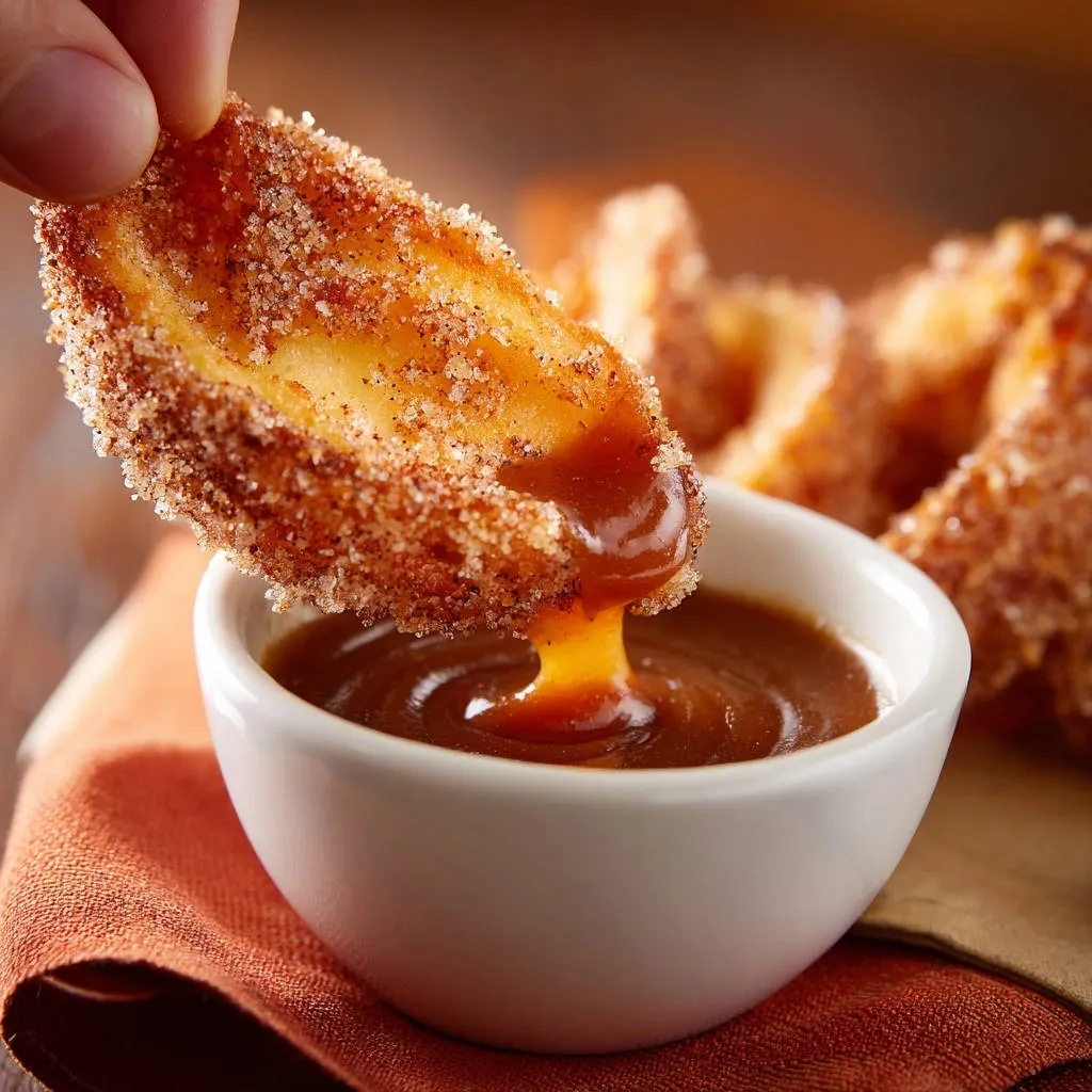 Cinnamon sugar apple dippers being dipped into a rich caramel sauce, showcasing a tender interior.