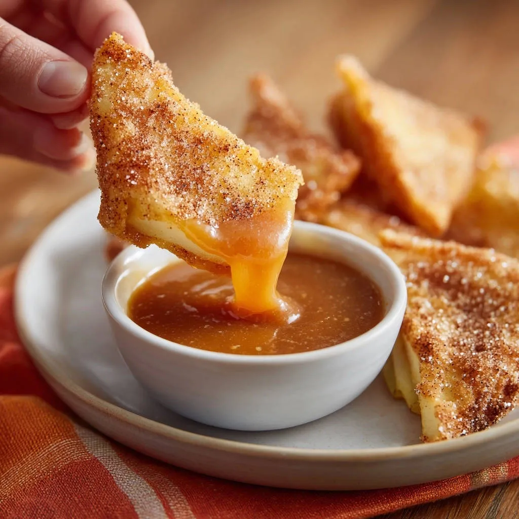 Cinnamon Sugar Apple Dippers being dipped into a bowl of caramel sauce, showing a close-up of the texture.