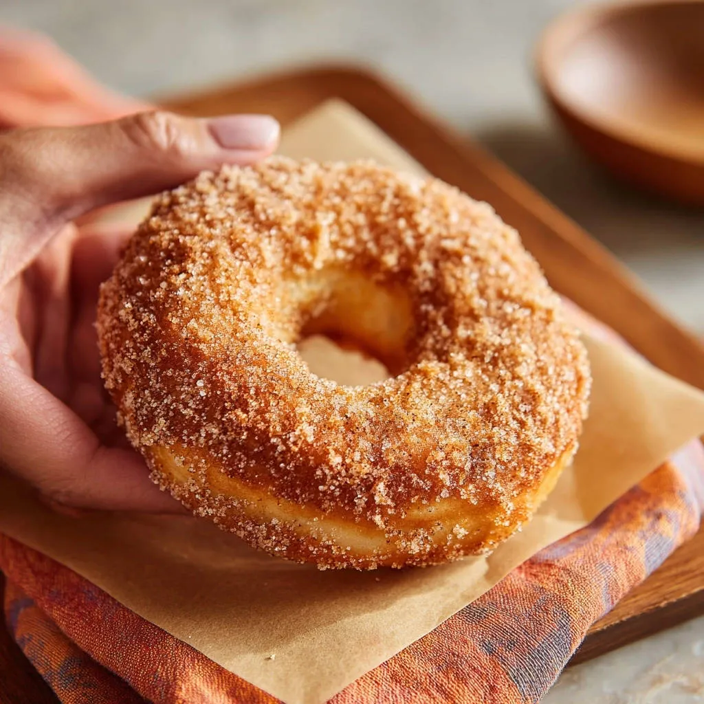 Cinnamon sugar buns, a single freshly baked donut coated in cinnamon sugar, held by a hand over parchment paper.