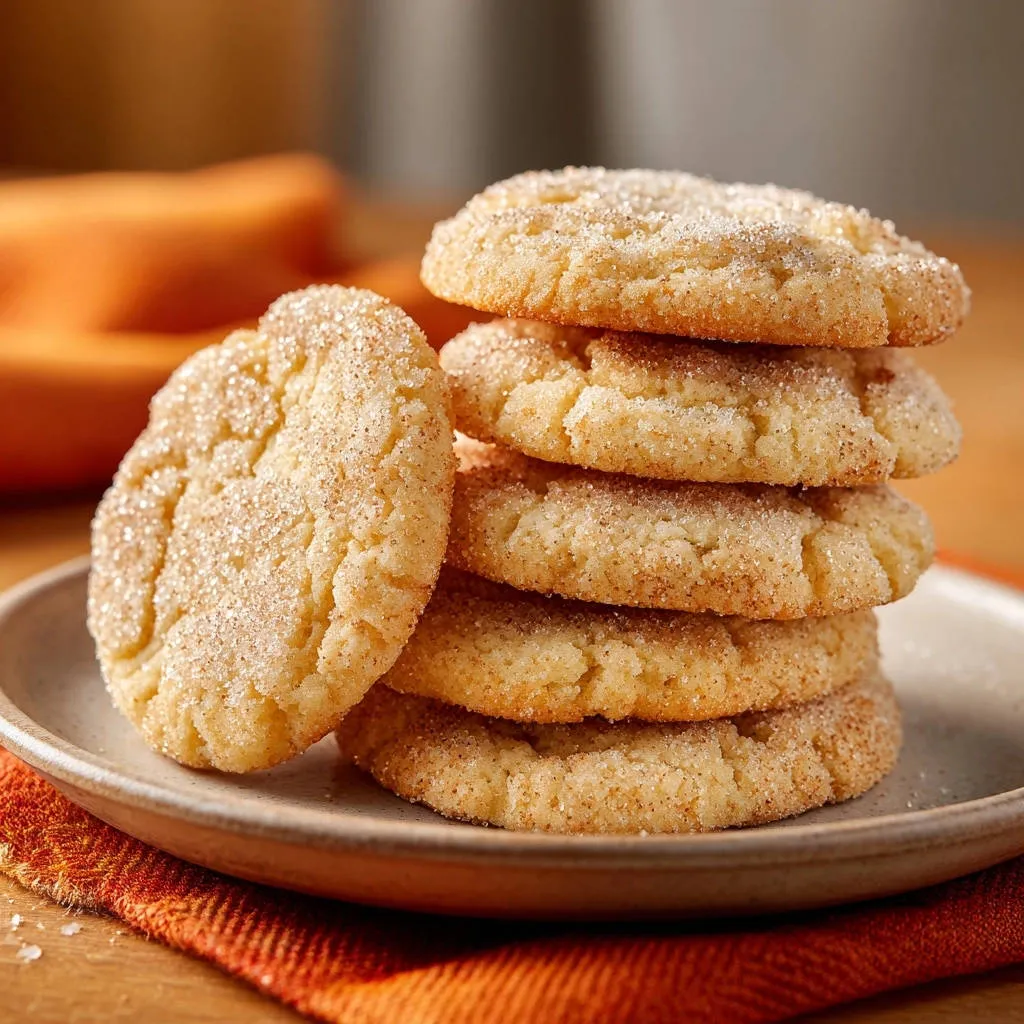 Classic cinnamon sugar cookies with crinkly tops, stacked on a plate and viewed from a close-up side angle.