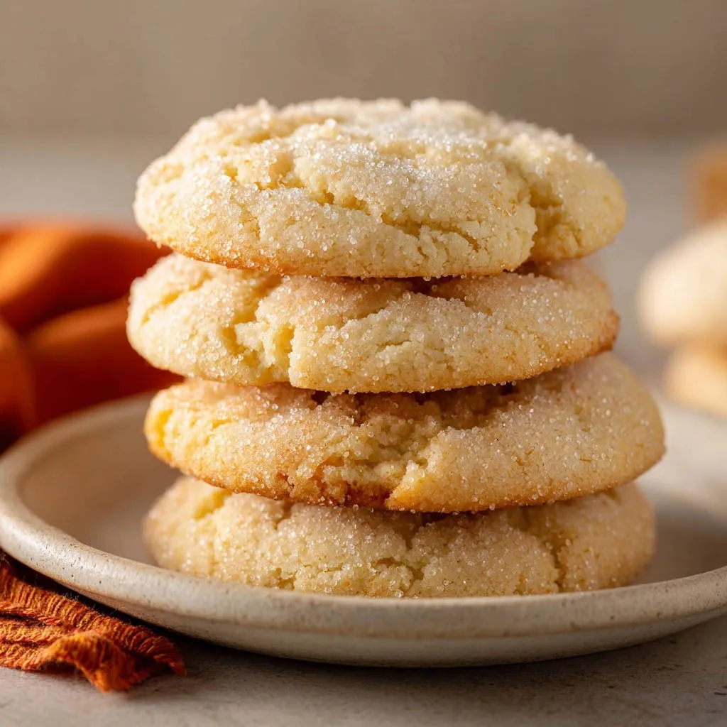 Classic cinnamon sugar cookies stacked high on a plate, showing a detailed view of their crinkly tops and sugared texture.
