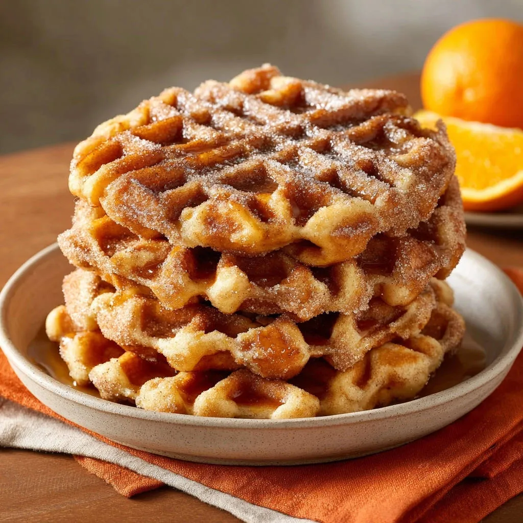 Cinnamon sugar waffles stacked high on a plate, with a slice of orange in the background.