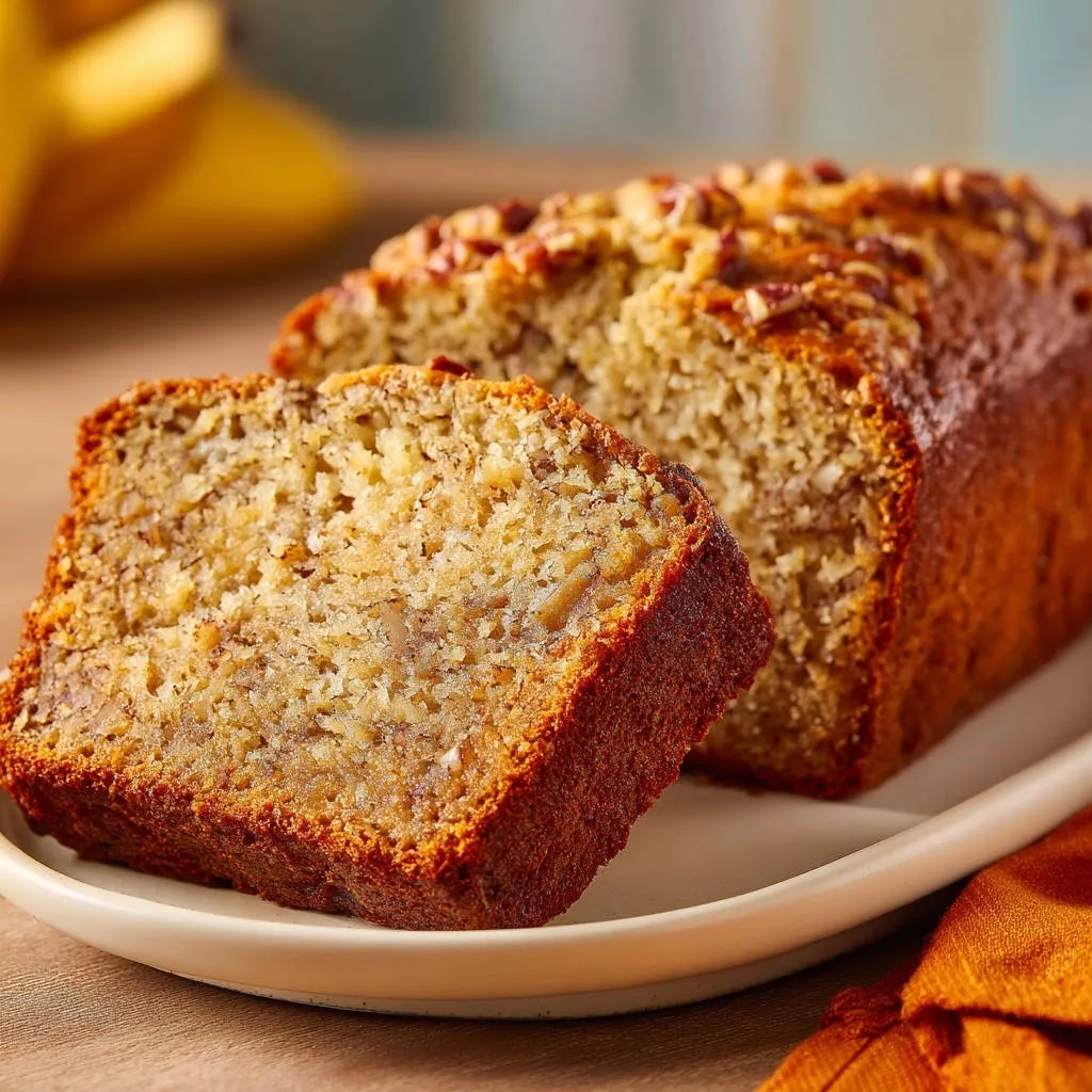 Classic banana nut bread sliced to show its moist, nutty interior and pecan topping.