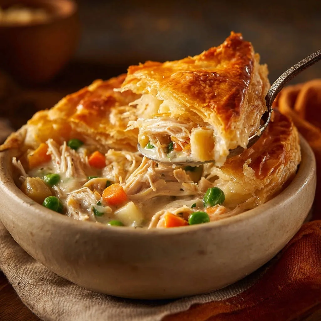 Classic chicken pot pie with a flaky golden crust being lifted by a spoon, showing the creamy filling and vegetables.