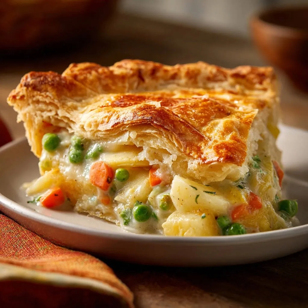 Classic comfort pot pie shown as a golden cross-section revealing tender vegetables in a creamy sauce.