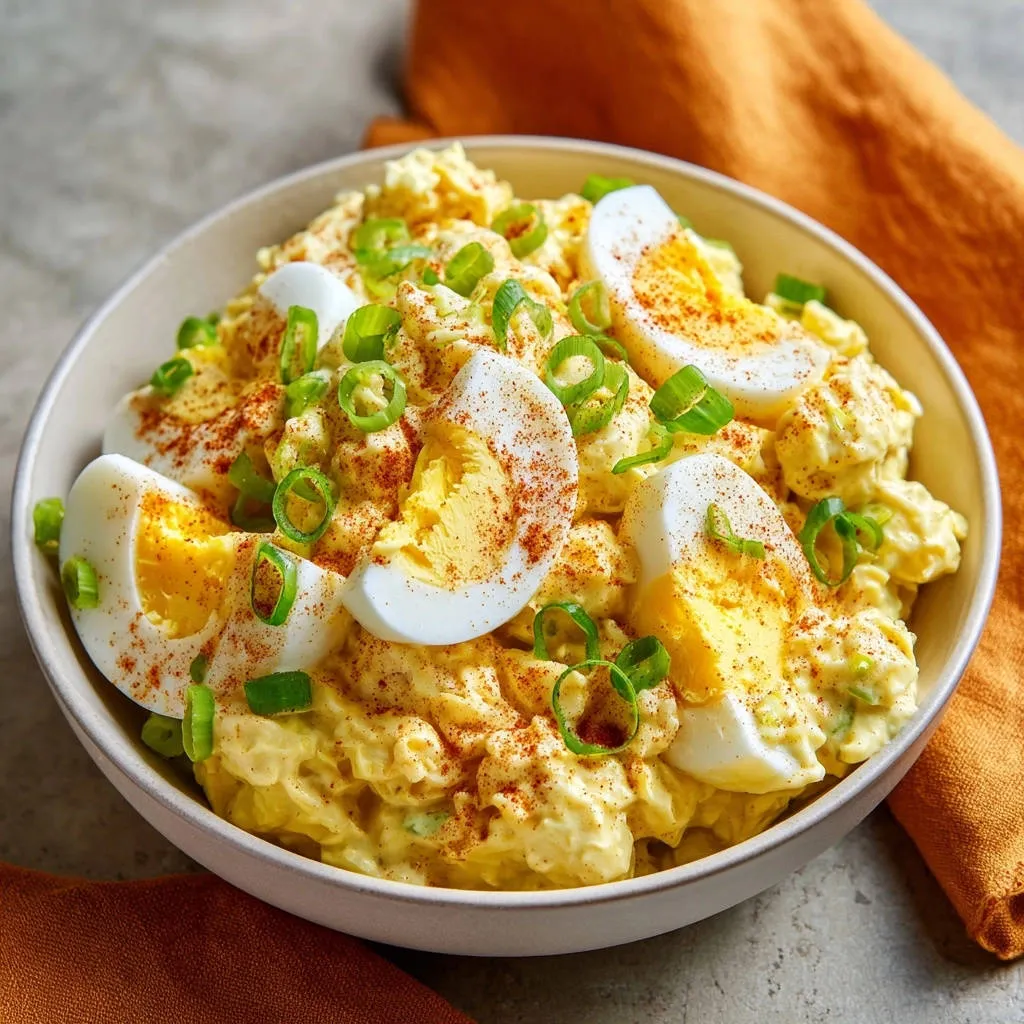 Classic creamy potato salad generously garnished with hard-boiled egg slices and chopped green onions in a white bowl.