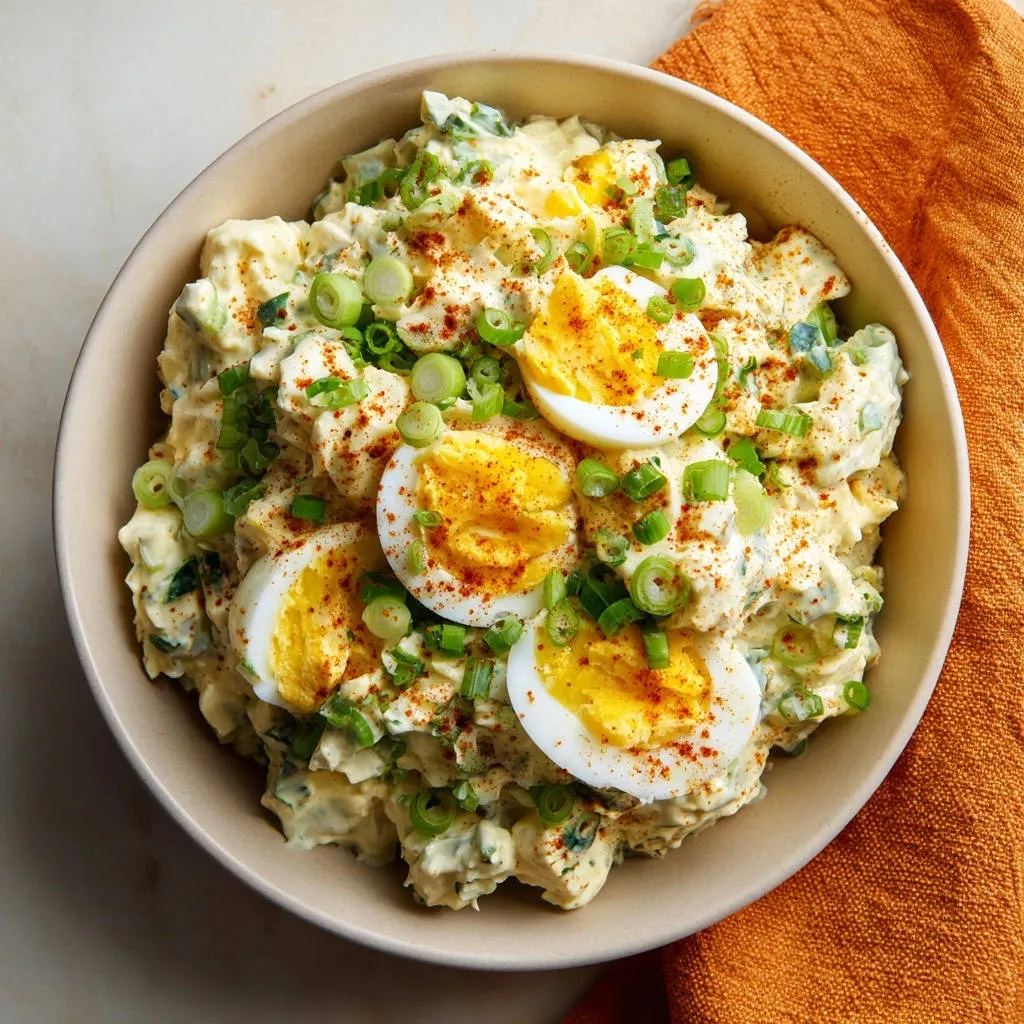 Classic creamy potato salad garnished with sliced hard-boiled eggs, chopped scallions, and paprika.