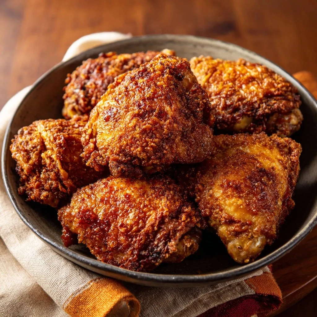 Classic fried chicken piled high in a rustic bowl, showcasing its golden-brown, textured crust.