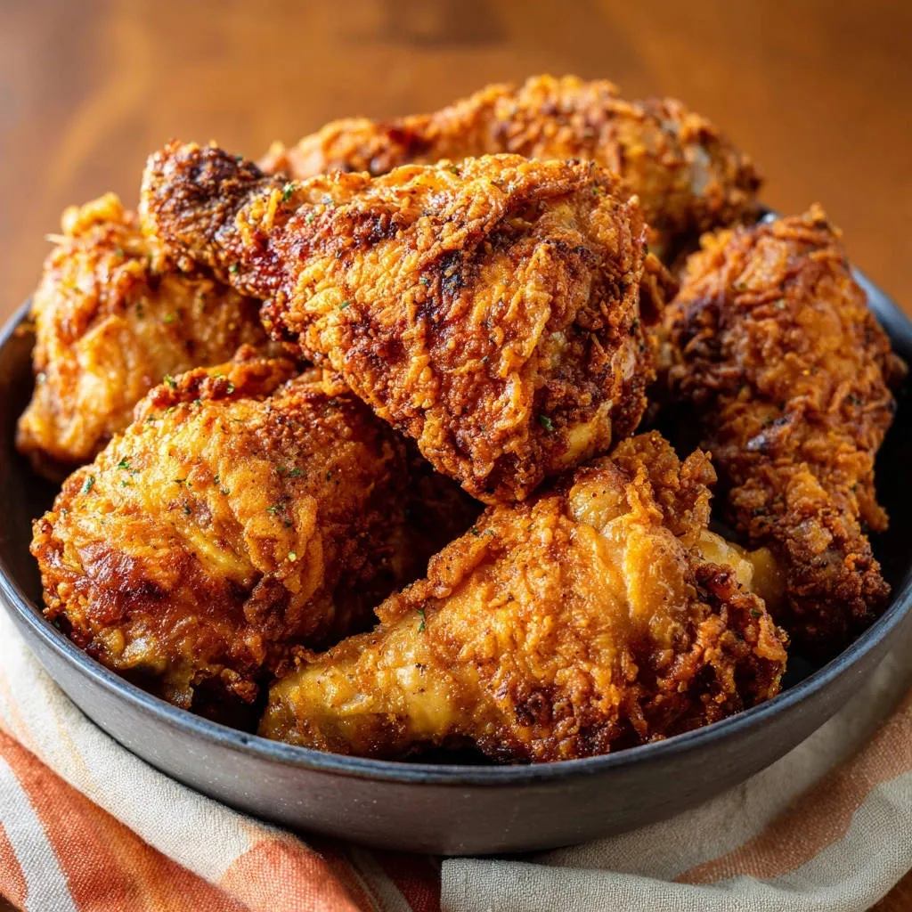 Classic fried chicken piled high in a dark bowl, showcasing its golden-brown, textured coating.