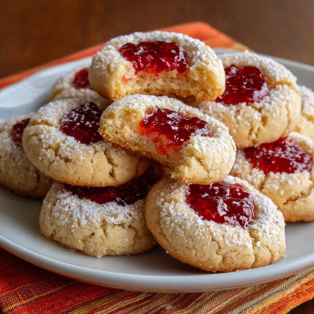 Classic jam thumbprint cookies with a bite taken out, showing the jam filling and cookie texture.