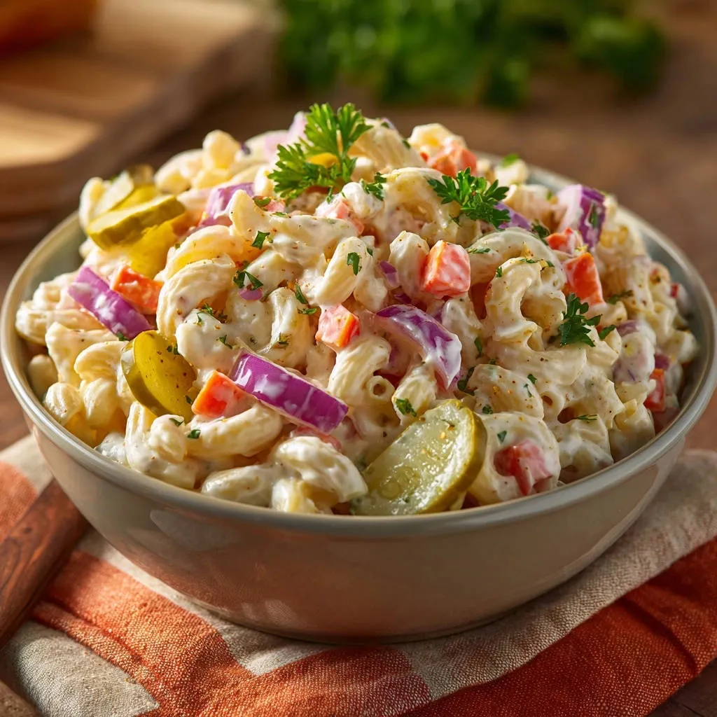 Classic macaroni salad stays creamy, never dry, shown in a close-up bowl with pickles, carrots, and red onion.