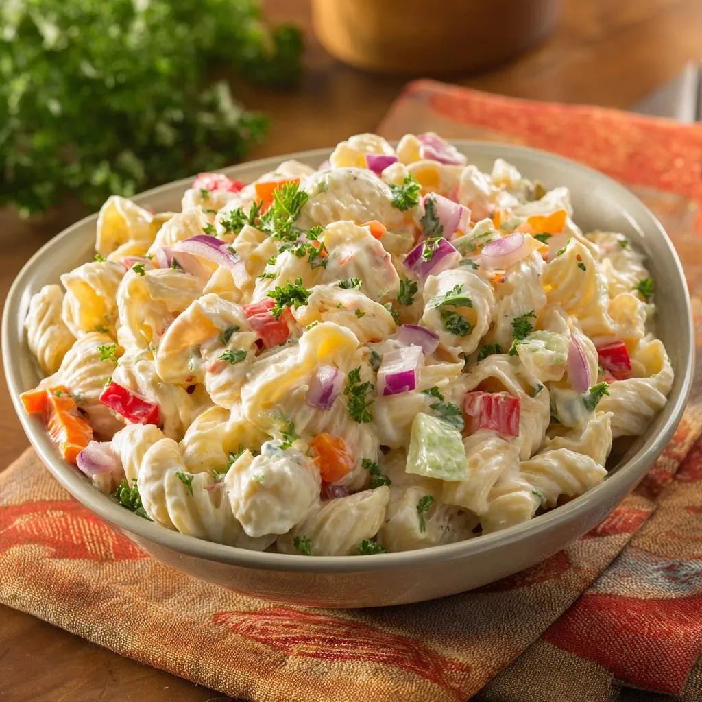 Classic macaroni salad with a creamy dressing and visible chopped red onion, bell pepper, and celery.