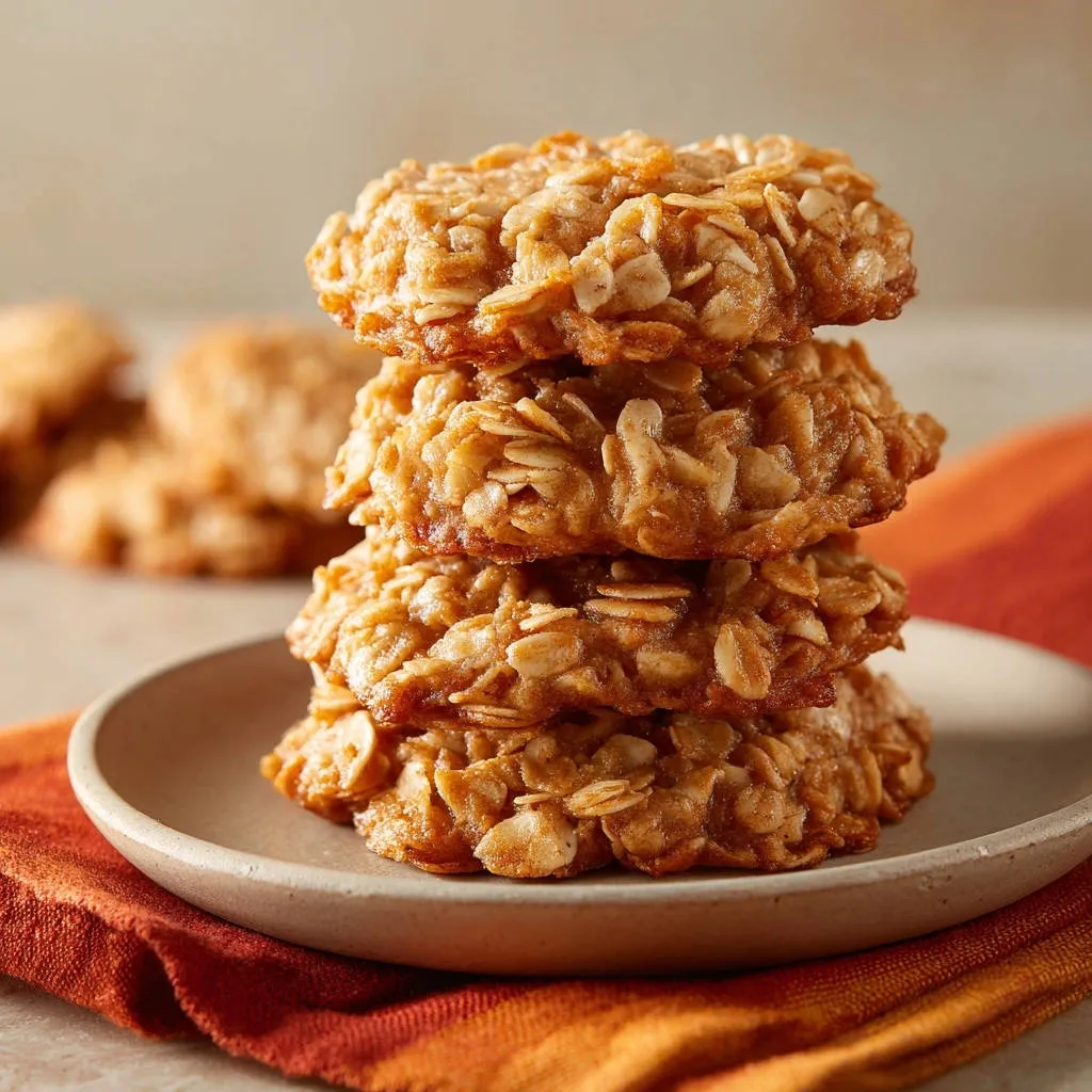 Classic no-bake oatmeal cookies stacked high on a plate with a textured napkin.