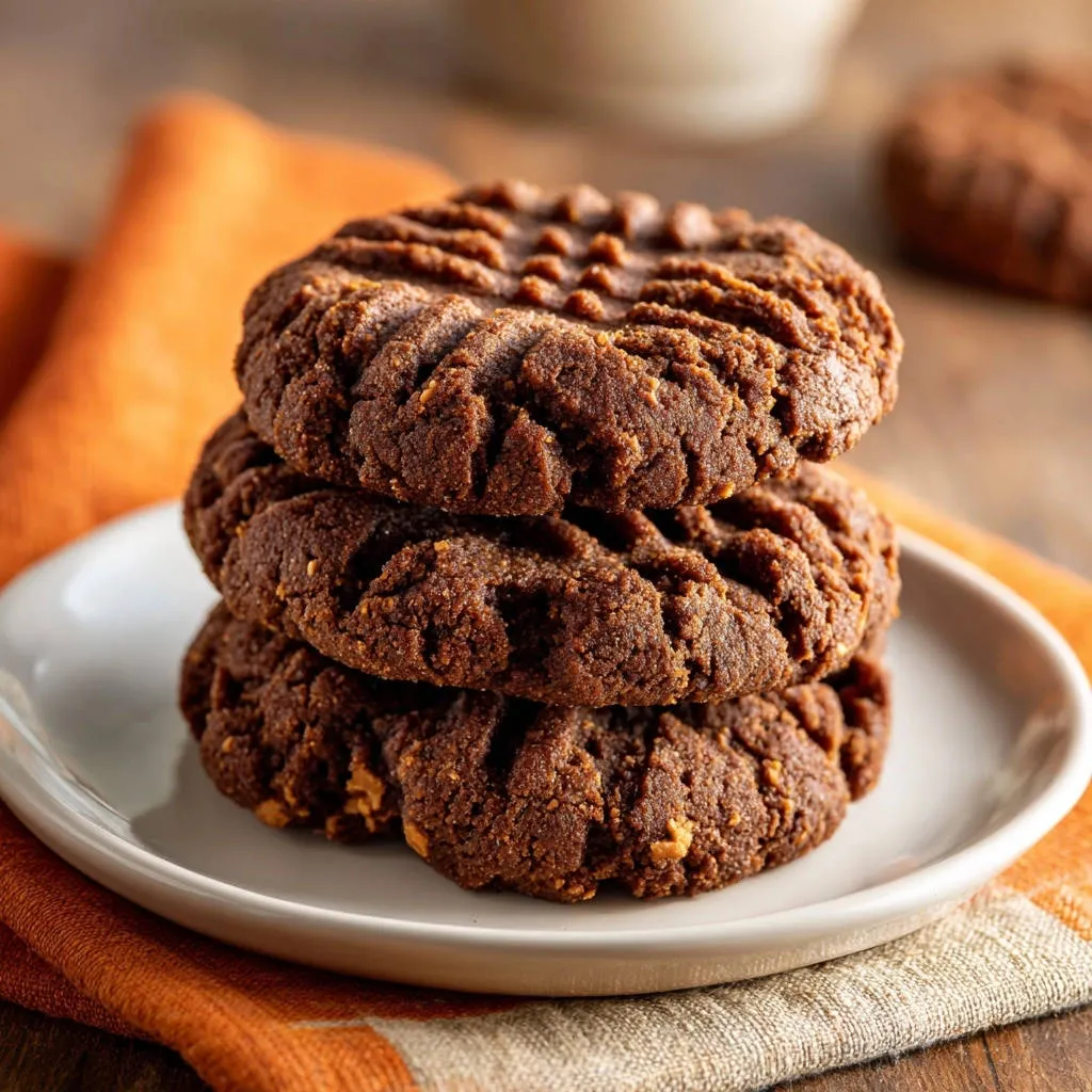 Classic peanut butter cookies stacked on a white plate with an orange napkin, showing their textured tops.
