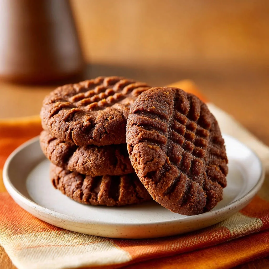 Classic peanut butter cookies stacked in a pile on a white plate, showcasing their textured tops.