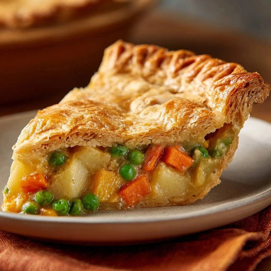 Classic comfort pot pie cross-section showing a golden crust filled with potatoes, carrots, and peas in a creamy sauce.
