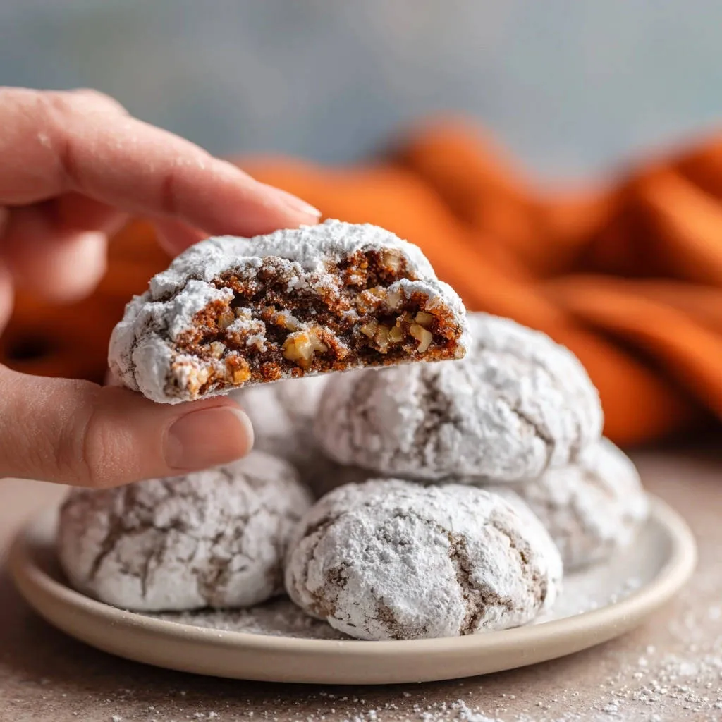 Classic snowball cookies shown in a close-up cross-section revealing their nutty interior and powdered sugar coating.
