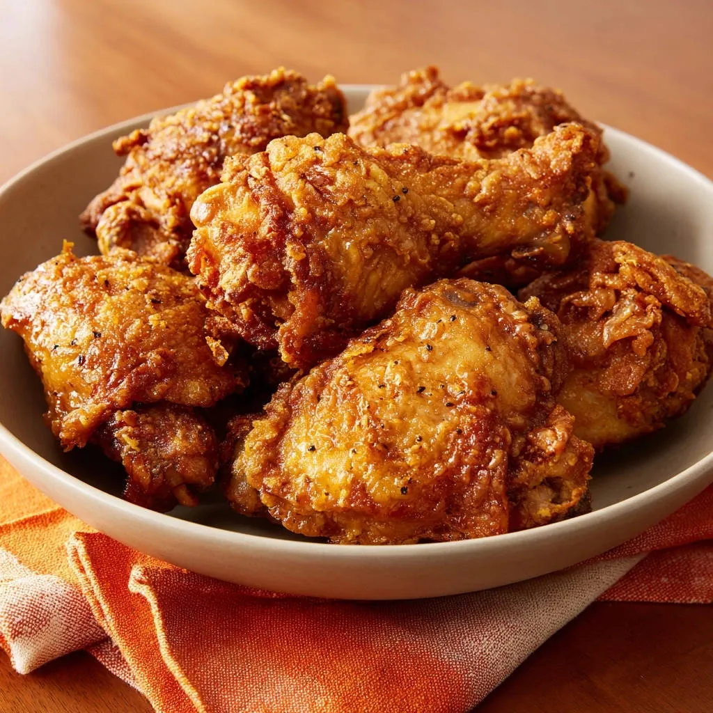 Classic Southern Fried Chicken served in a bowl with a close-up view highlighting the golden-brown, textured coating of the pieces.