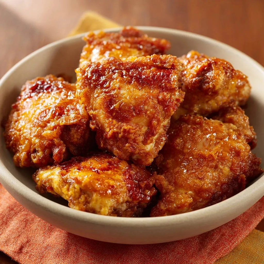 Classic Southern fried chicken thighs glistening with a glaze, piled high in a rustic ceramic bowl.