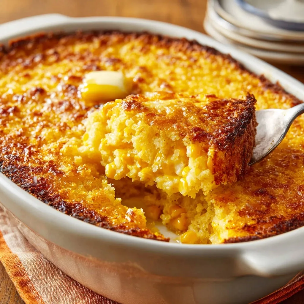 Corn casserole perfection with a fork lifting a golden slice, showing the moist interior and corn kernels.